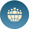 Icon of a globe with people figures representing global community.
